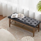 HUIMO Entryway Shoe Leather Bench, End of Bed Bench,PU Button-Tufted Indoor Bench,Ottoman Bench for Living Room, Padded Bench with Solid Wood Shelf,Kitchen Leather Seat Dining,Black