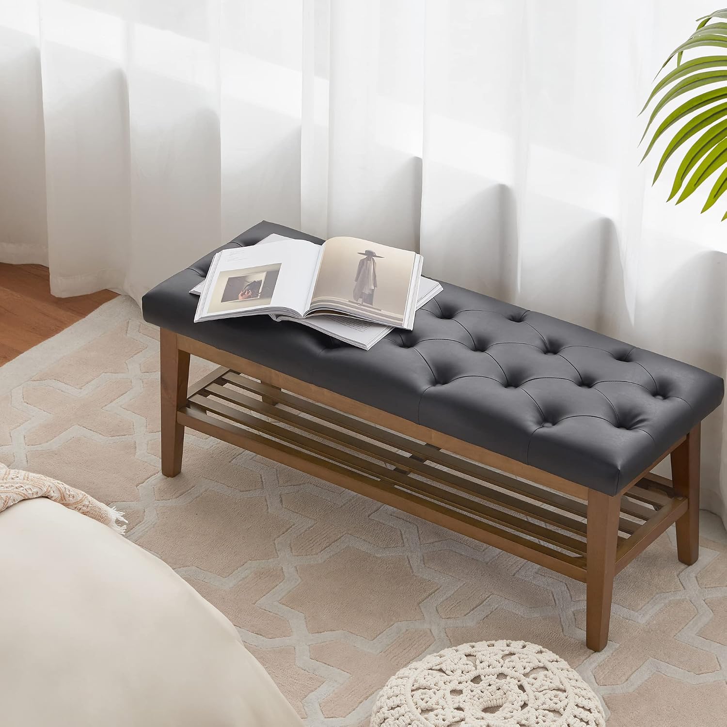 HUIMO Entryway Shoe Leather Bench, End of Bed Bench,PU Button-Tufted Indoor Bench,Ottoman Bench for Living Room, Padded Bench with Solid Wood Shelf,Kitchen Leather Seat Dining,Black