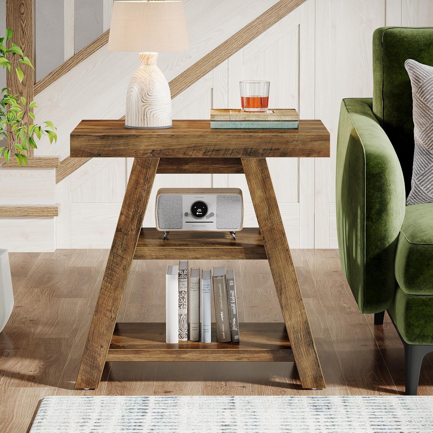 Tribesigns Farmhouse End Table, 3-Tier Wooden Sofa Side Table with Trapezoid Legs, Rustic Side Table for Couch, Vintage Bedside Nightstand for Bedroom, Living Room, Small Spaces, Rustic Brown