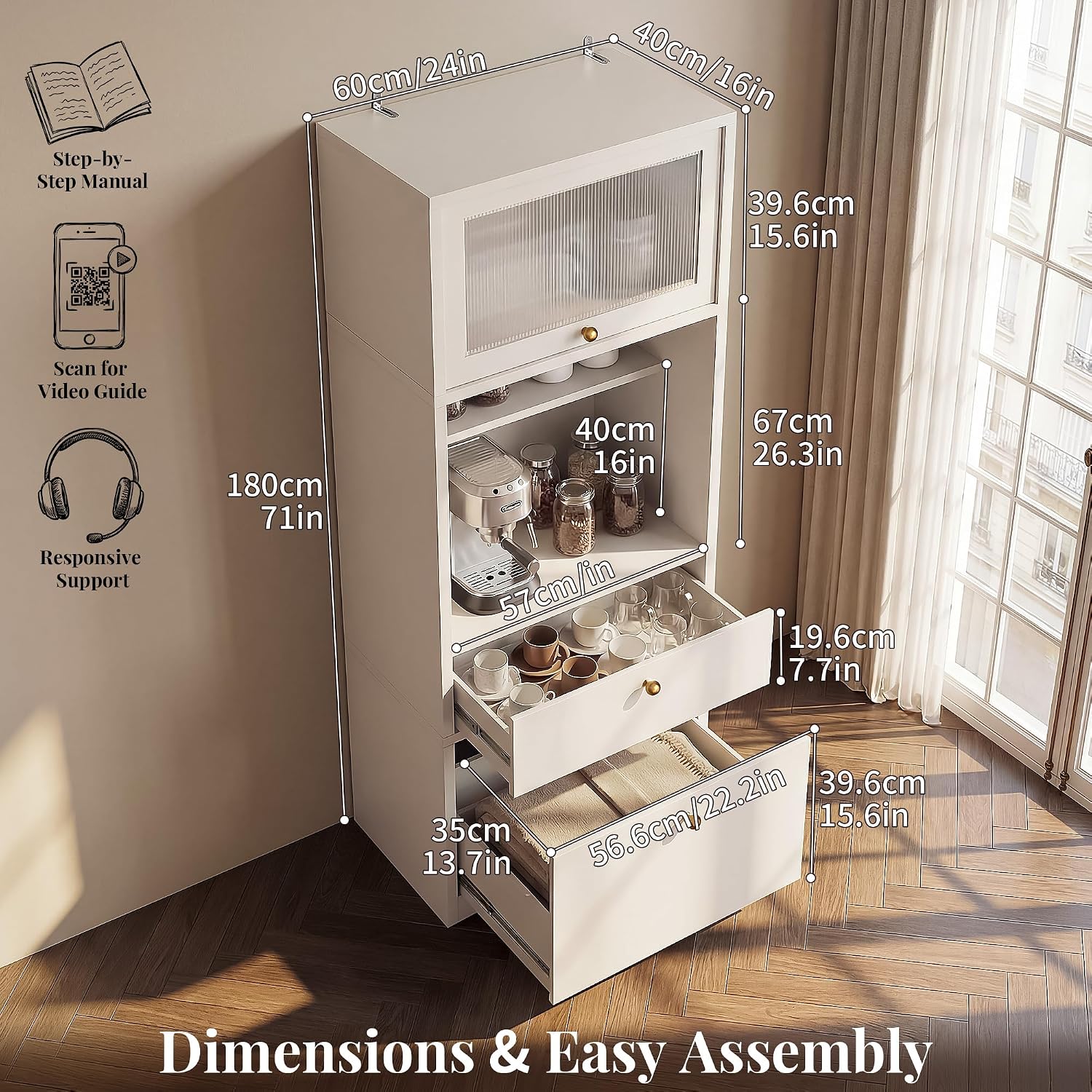 71''Tall Kitchen Pantry Cabinet with Oversized Microwave Shelf & Coffee Station-Tall Extra Deep Storage Hutch, Fluted Acrylic Doors,Adjustable Shelves,Drawers, Anti-Tip,White