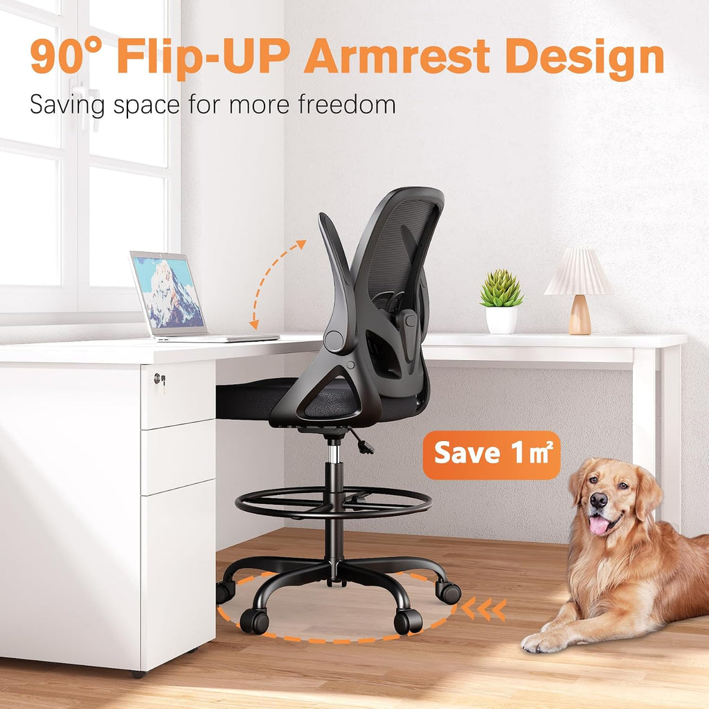 ORRSAKER Drafting Chair, Tall Office Chair with Flip-up Arms, Mesh Ergonomic Computer Standing Desk Chair with Adjustable Height Foot Ring and Lumbar Support, 300 LBS Capacity, Black