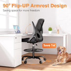 ORRSAKER Drafting Chair, Tall Office Chair with Flip-up Arms, Mesh Ergonomic Computer Standing Desk Chair with Adjustable Height Foot Ring and Lumbar Support, 300 LBS Capacity, Black
