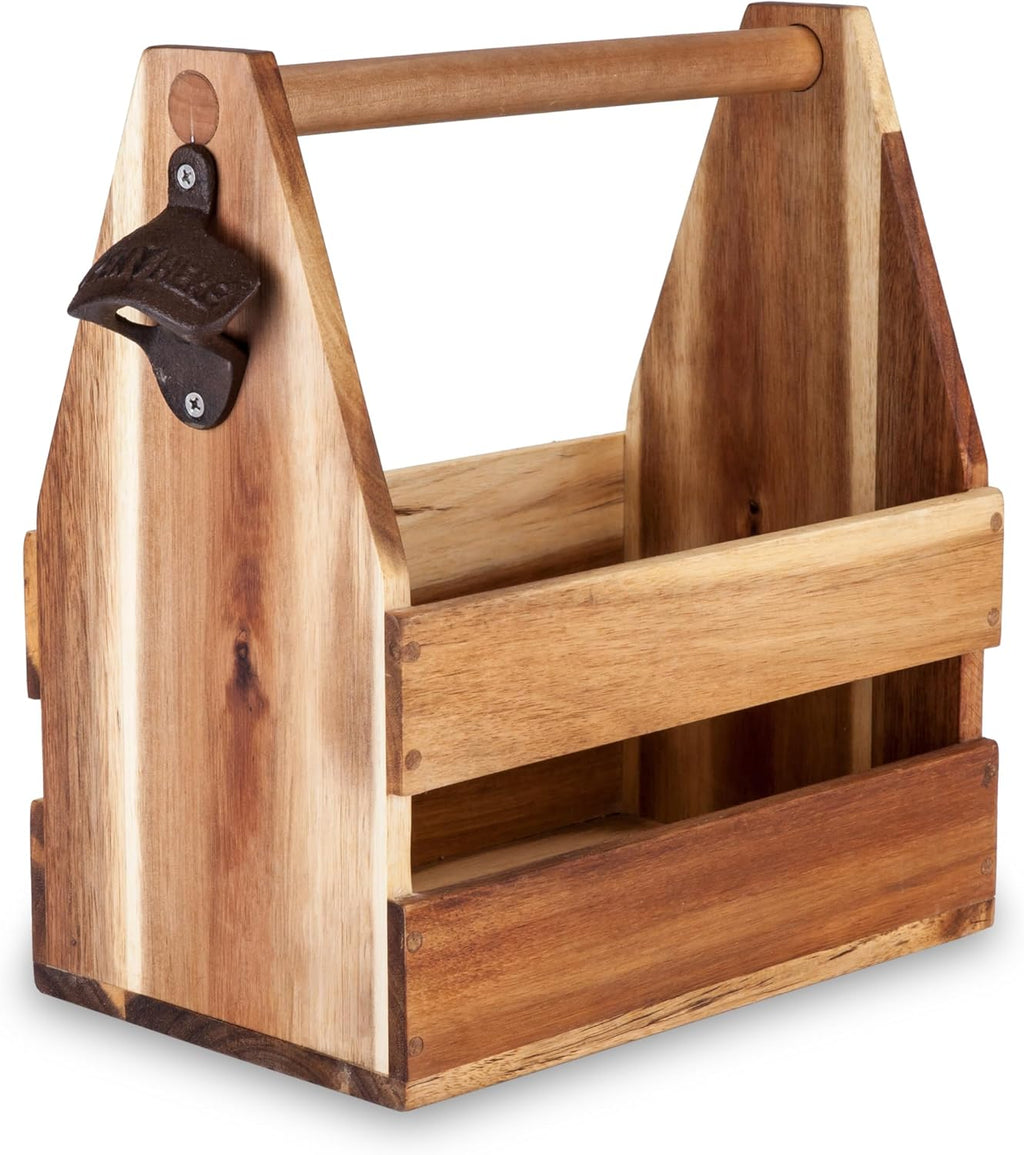 Foster & Rye Acacia Wood 6-pack Beer Carrier - Growler Bottle Caddy, Drink Holder, Liquor Bottle Organizer