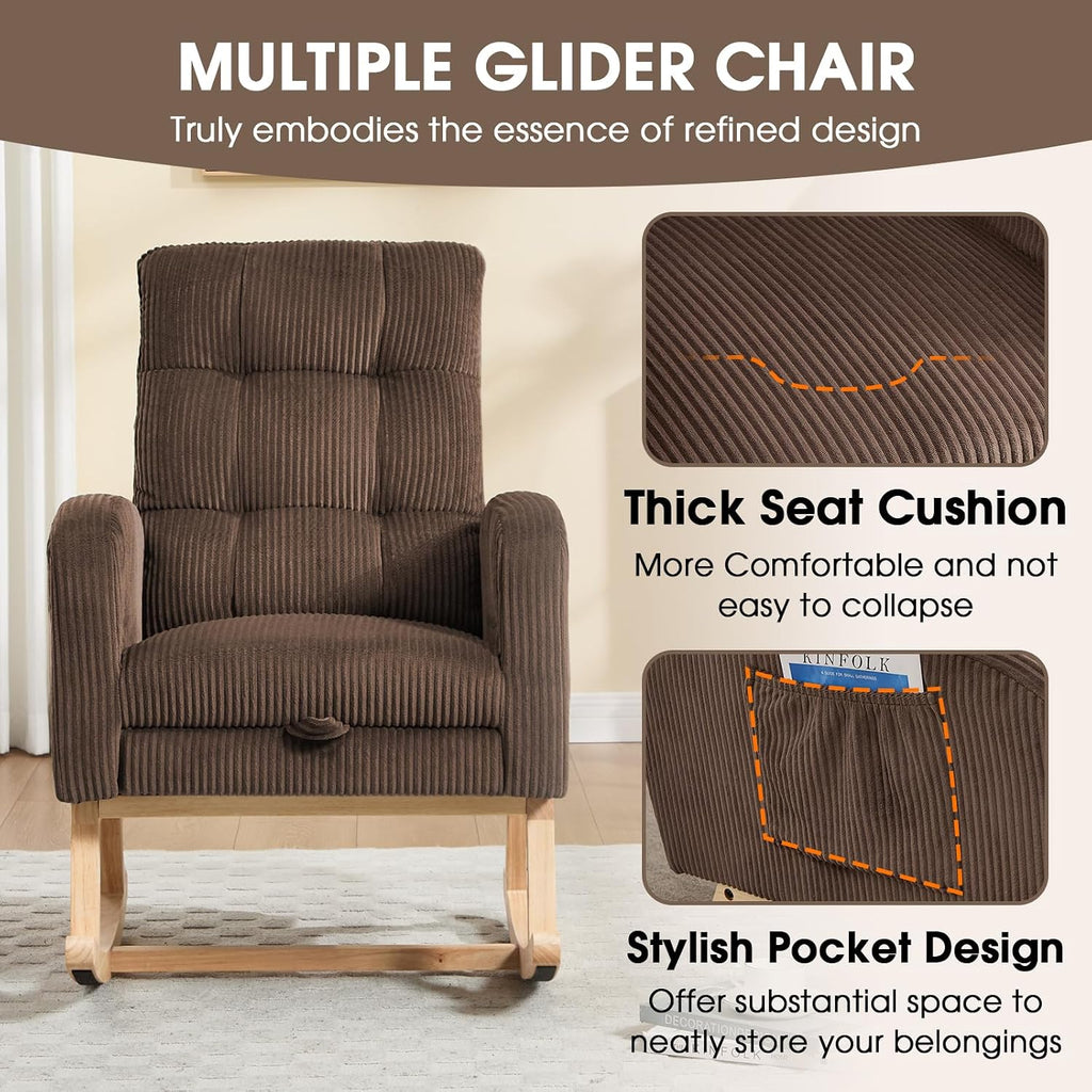 NIOIIKIT Nursery Rocking Chair, Corduroy Upholstered Rocking Chair with Adjustable Footrest, Tufted Rocker Chair with Side Pocket, Glider Rocker for Living Room, Bedroom (Brown Retro)