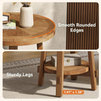 Solid Wood Side Table for Living Room, Small Round End Table with 2-Tier Storage, Farmhouse Wooden Circle Bedside Nightstand for Small Spaces, Bedroom, Brown