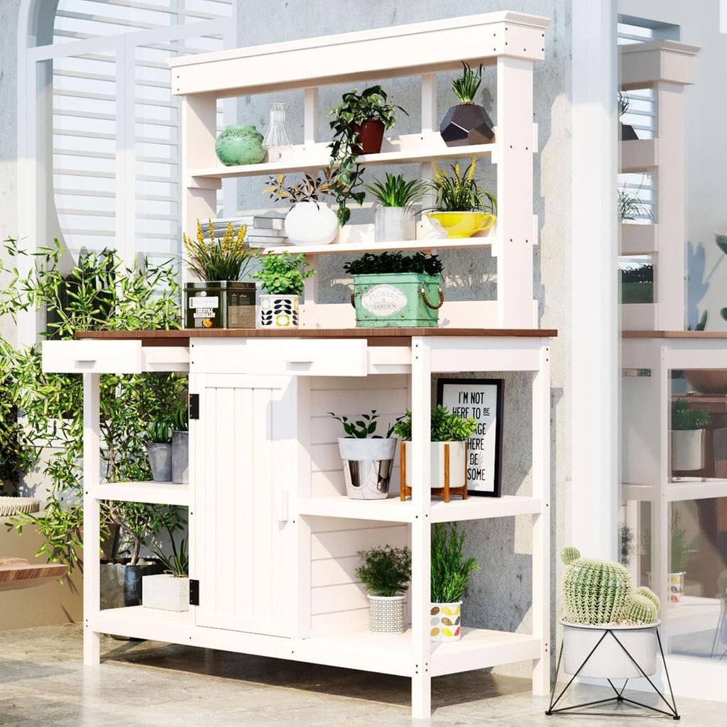 66” Large Outdoor Potting Table with 2 Drawers, Cabinet, Open Shelves, Wooden Potting Bench for Garden, Patio, Farmhouse, Backyard, Spacious Workstation (White, 66")