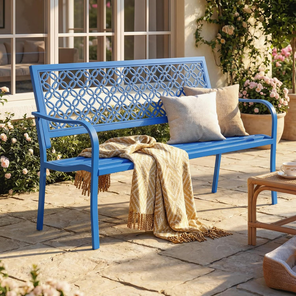 ONBRILL 50" Outdoor Bench Weatherproof, 700 lbs Capacity Heavy Duty Garden Benches with Galvanized Metal Frame, Patio Bench with Floral Backrest, Patio Furniture for Porch, Park, Yard, Entryway, Blue