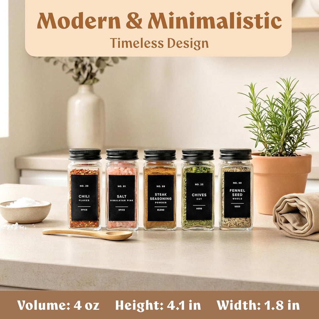 EDELHAUS Glass Spice Jars with Label and Black Aluminium Lids (24 x 4oz) Spice Containers with 240 Labels, Shaker Inserts, Steel Funnel, Empty Square Seasoning Organizer (Black Aluminium Lid)