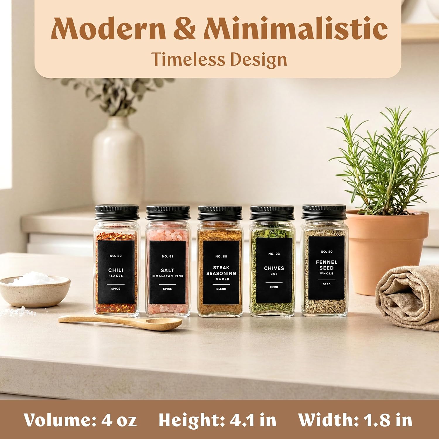 EDELHAUS Glass Spice Jars with Label and Black Aluminium Lids (24 x 4oz) Spice Containers with 240 Labels, Shaker Inserts, Steel Funnel, Empty Square Seasoning Organizer (Black Aluminium Lid)