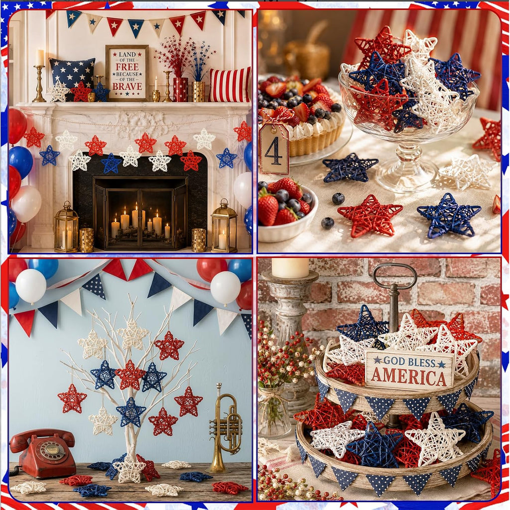 MEMOVAN 4th of July Patriotic Star Rattan Decoration 18Pcs Red Blue White Stars Patriotic Wicker Ornament Patriotic Star Vase Fillers for 4th of July Independence Day Craft DIY Bowl Filler Table Decor