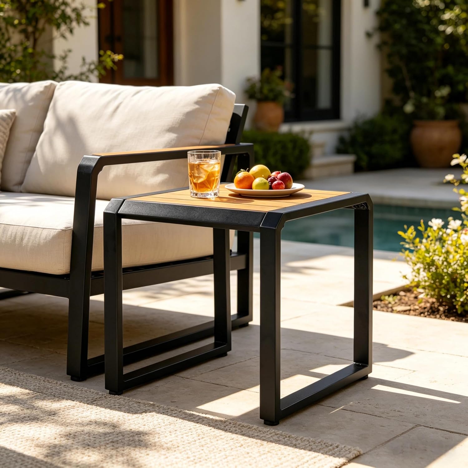 Outdoor Side Table with Teak Wood Top, Metal Frame Patio Accent Table, 120 lbs Capacity, Modern Indoor & Outdoor End Table, Porch, Poolside, Living Room, Sleek Minimalist Design, Teak,Black
