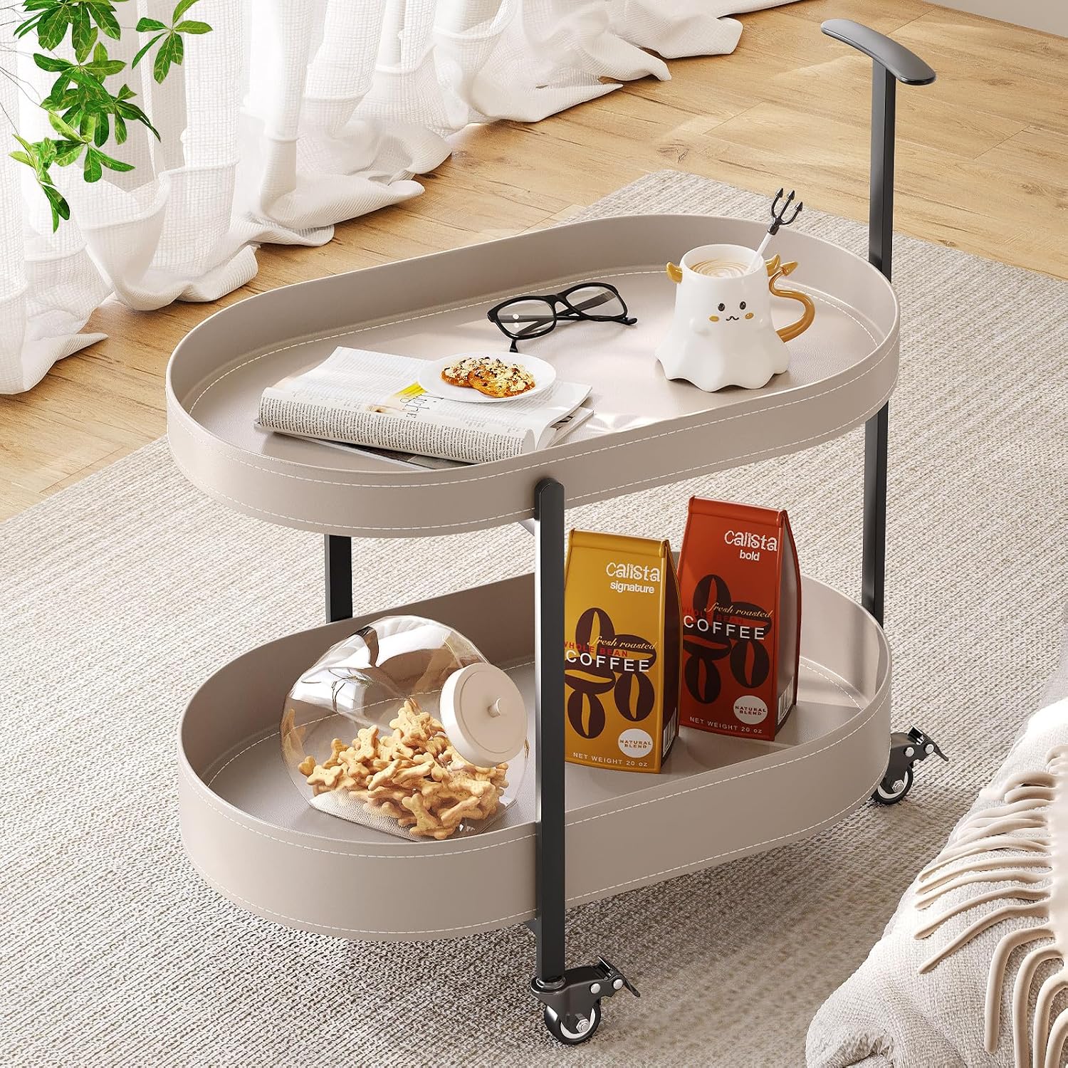 Oval Mobile Side Table with Lockable Wheels,Modern 2-Tier Storage Bedside Table,End Table for Living Room, Bedroom, Small Space,Easy Assembly
