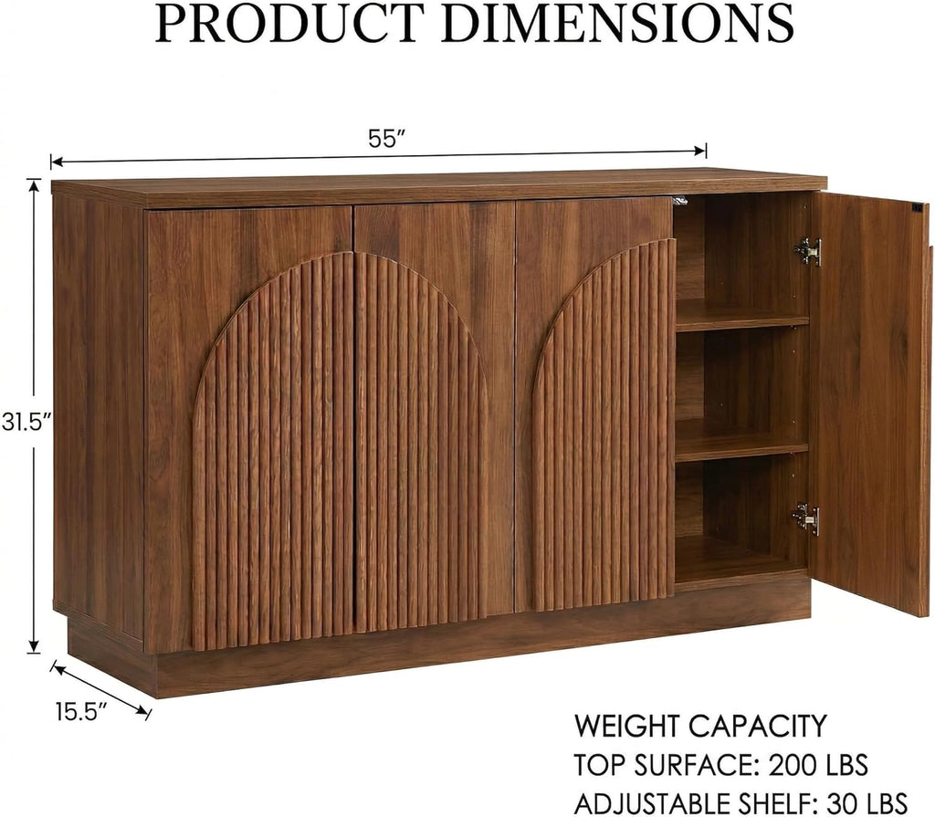 Brafab 4-Door Fluted Sideboard Buffet Cabinet with Arched Reeded Doors and Adjustable Shelves, Modern Credenza Storage Cabinet for Living Room Dining Room, Walnut Oak Finish