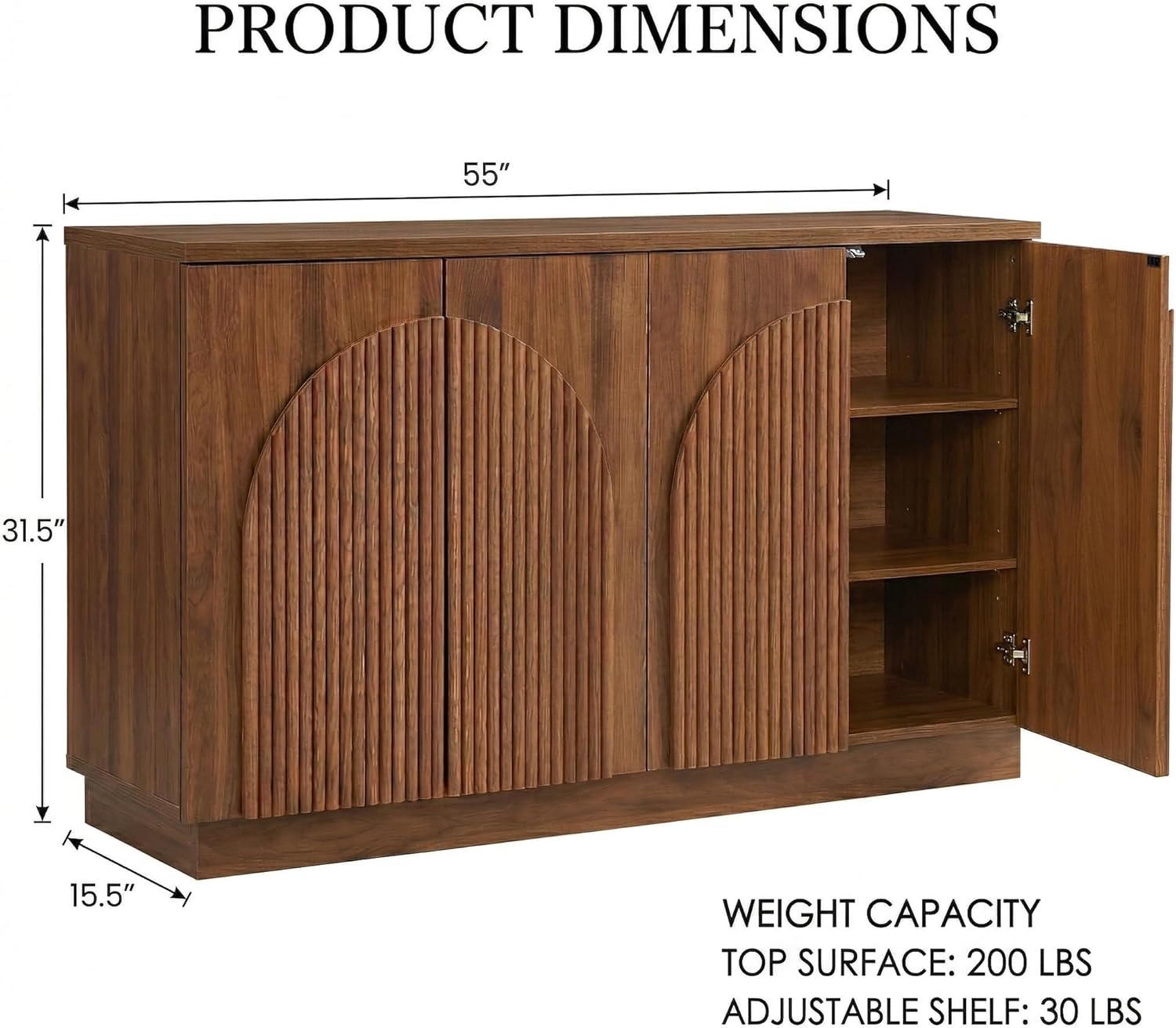 Brafab 4-Door Fluted Sideboard Buffet Cabinet with Arched Reeded Doors and Adjustable Shelves, Modern Credenza Storage Cabinet for Living Room Dining Room, Walnut Oak Finish