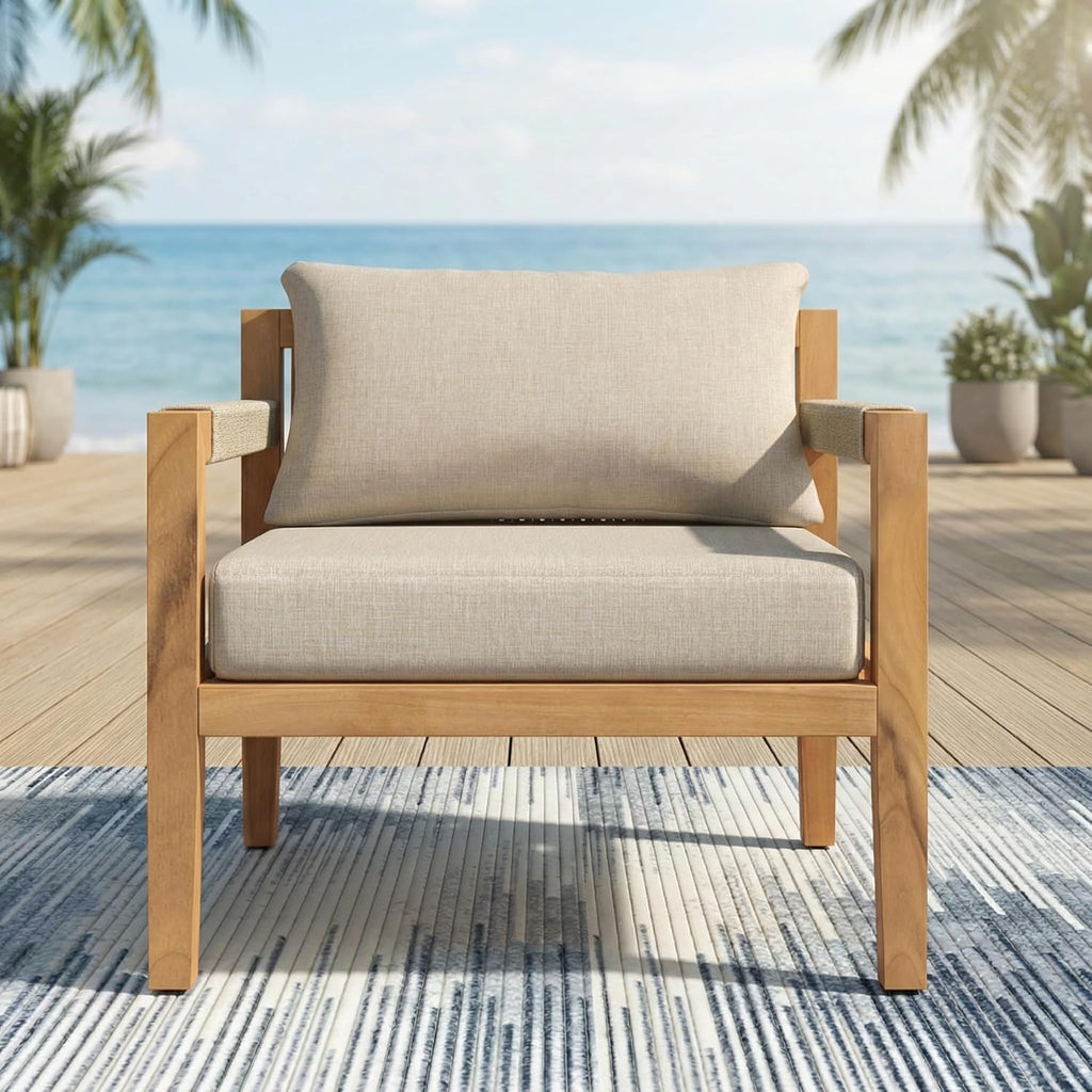 Acacia Wood Outdoor Lounge Chair, Wooden Patio Accent Chairs with Beige Rope Weave & Weather-Resistant Cushions, Comfy Reading Armchair for Porch, Deck, Garden