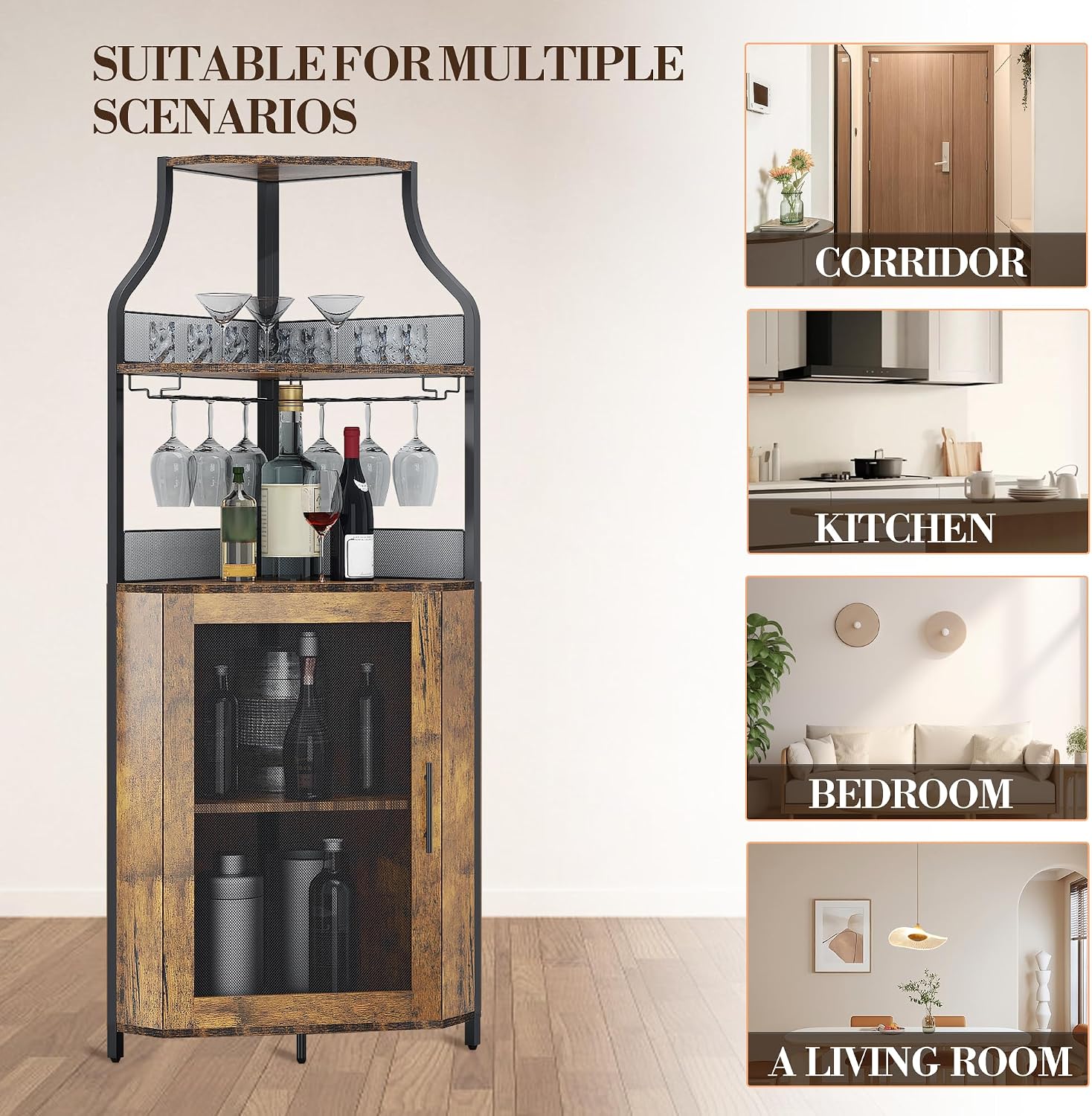 Corner Bar Cabinet, 61" Tall Farmhouse Wine Cabinet with Led Light & Detachable Wine Rack, 5-Tier Industrial Wine Cabinet with Glass Holder & Adjustable Shelves & Feet for Dining, Living Room, Kitchen