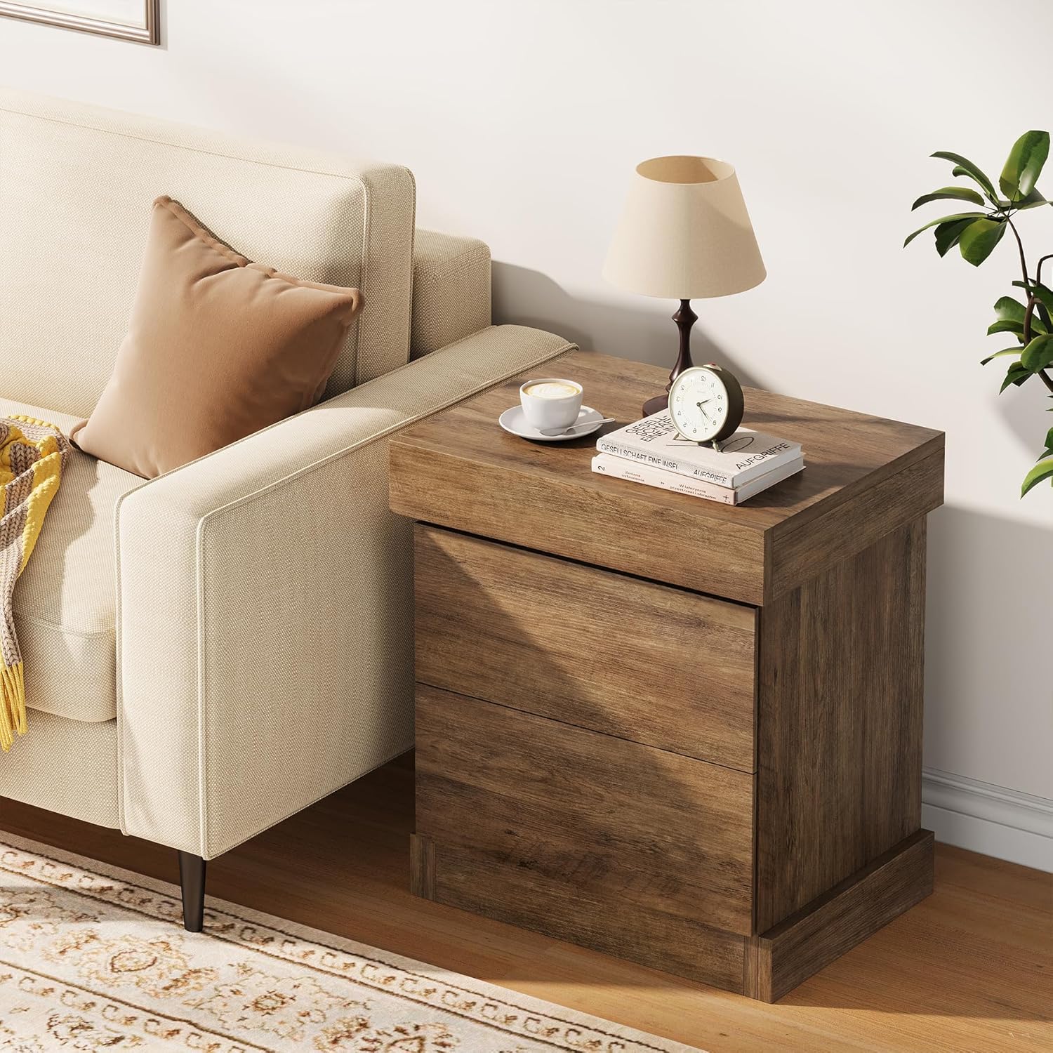 Nightstand with Gun Drawer, Farmhouse Bedside Table with Hidden Storage, Side End Table for Living Room, Bedroom, Little Spaces (Rustic Oak)