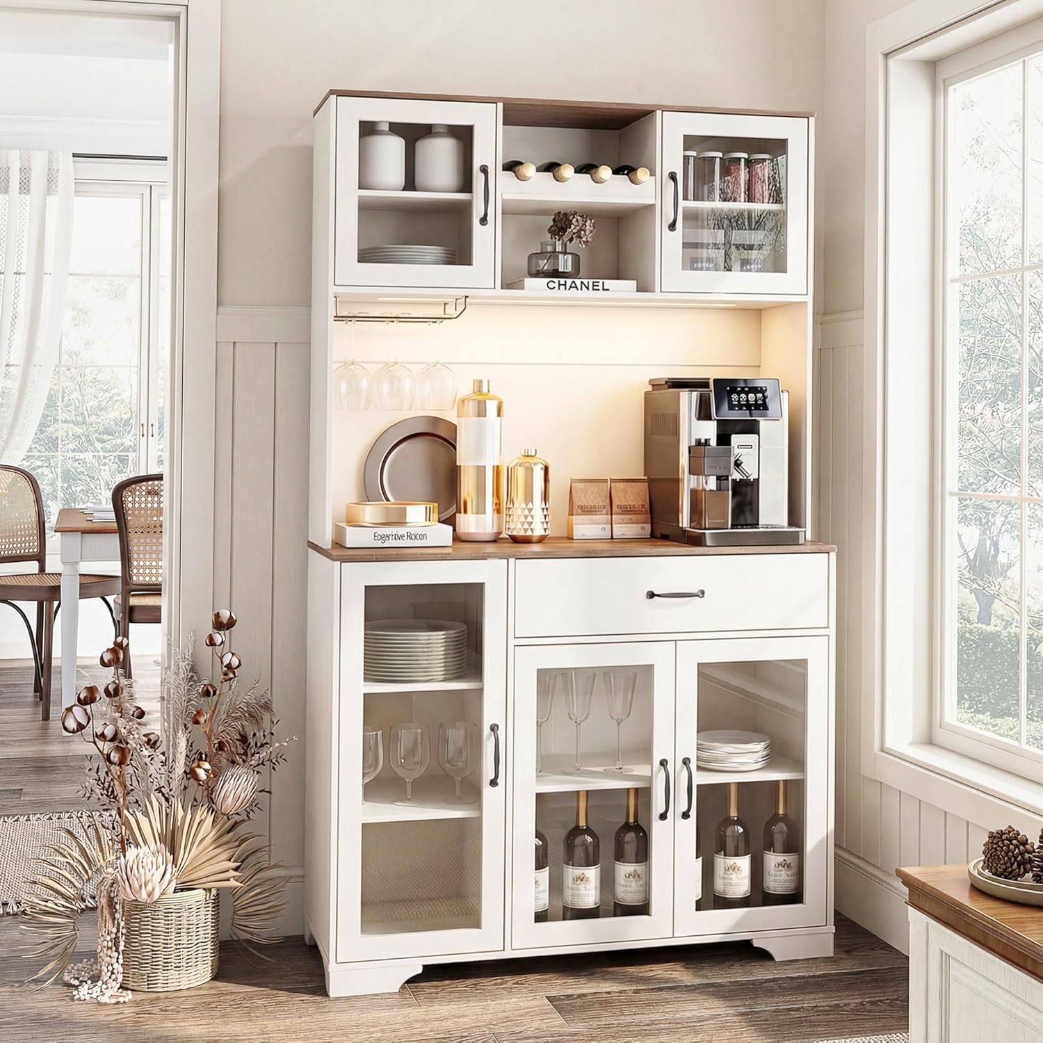 Fatmok 71" Tall Pantry Cabinet with Glass Doors, Kitchen Hutch Storage Cabinet, Coffee Bar & Liquor Cabinet with Charging Station & LED Lights, Wine Rack, Adjustable Shelves & Large Drawer, White