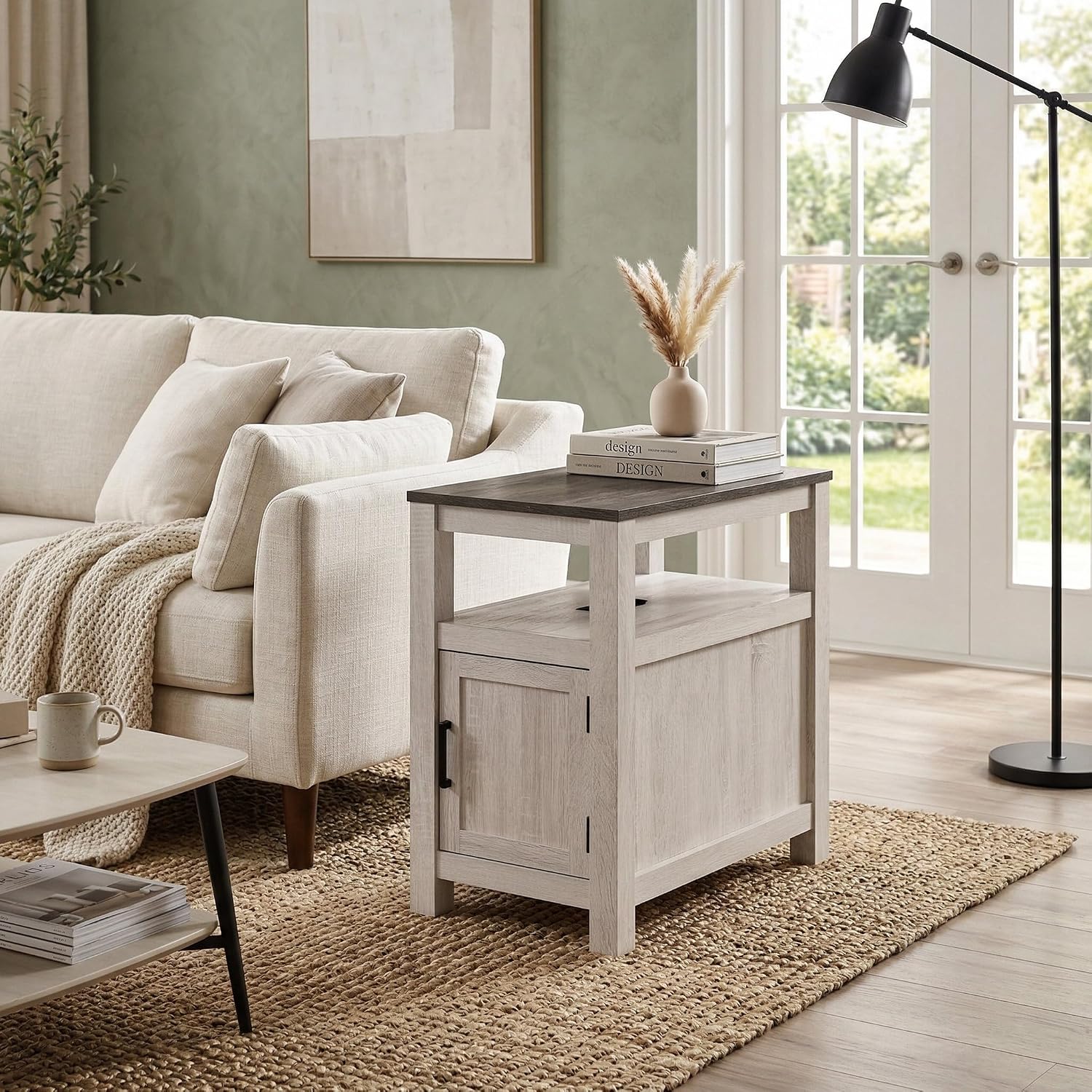 Signature Design by Ashley Fendenmore Farmhouse Chairside End Table with Storage and USB Ports, Gray & White