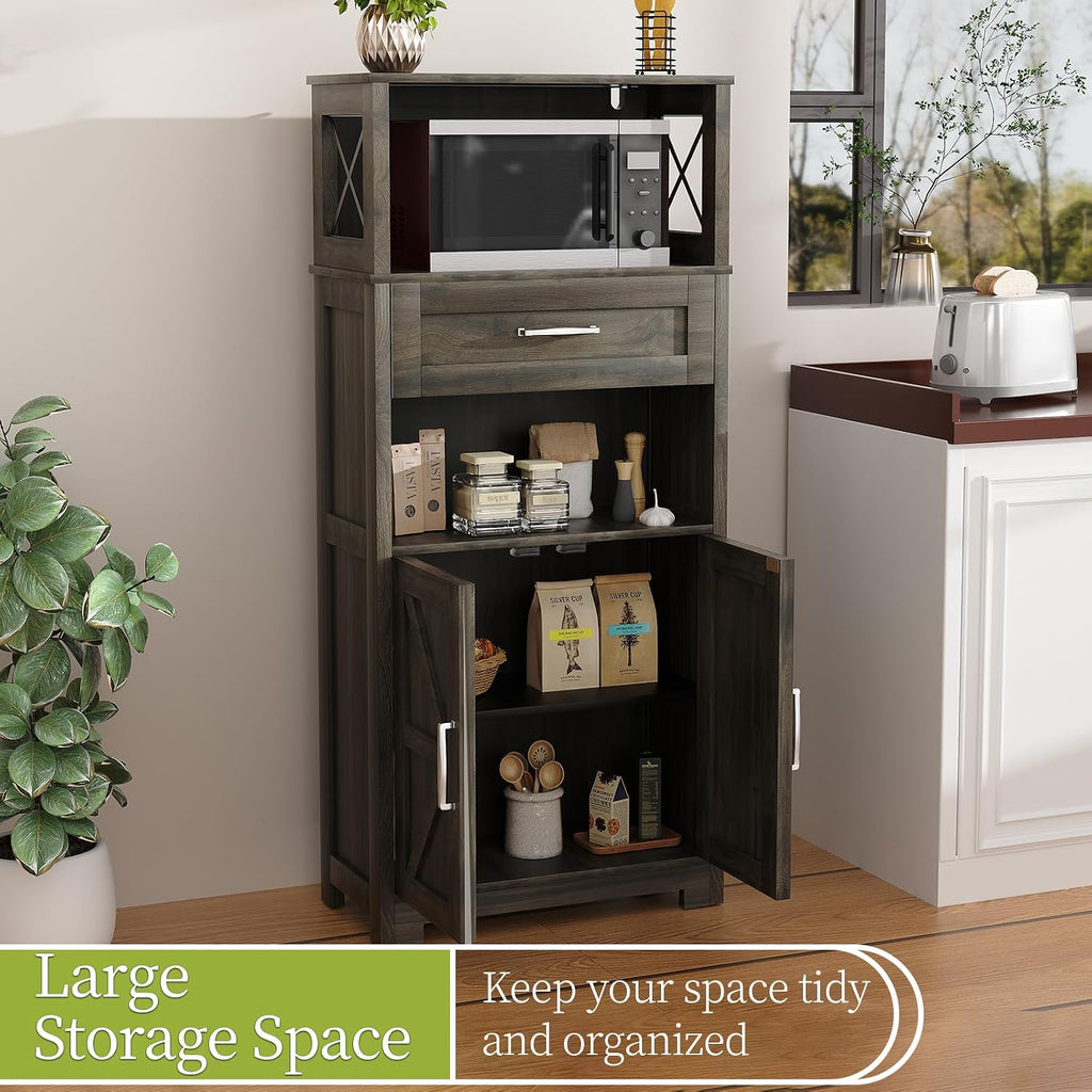 kepptory 55" Tall Kitchen Pantry, Farmhouse Storage Cabinet with Doors, Shelves and Drawer, Rustic Wood Cupboard for Kitchen, Dining Room