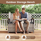 RELAX4LIFE Wicker Outdoor Storage Bench, Rattan Deck Box w/Protective Liner for Patio Furniture Pillows & Garden Tools, Porch Loveseat with Seat Cushion, Acacia Wood Armrests (Grey)