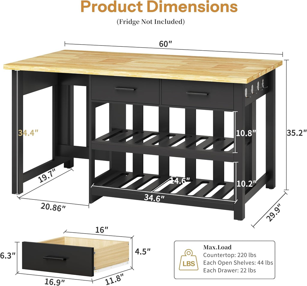 DynJest 60" Solid Rubberwood Kitchen Island with Storage & Leg Room, Black | Coffee Bar Buffet Cabinet w/ Fridge Space & Power Outlets, 2 Drawers & 6 Hooks, Large Countertop, for Home Office Dining Room