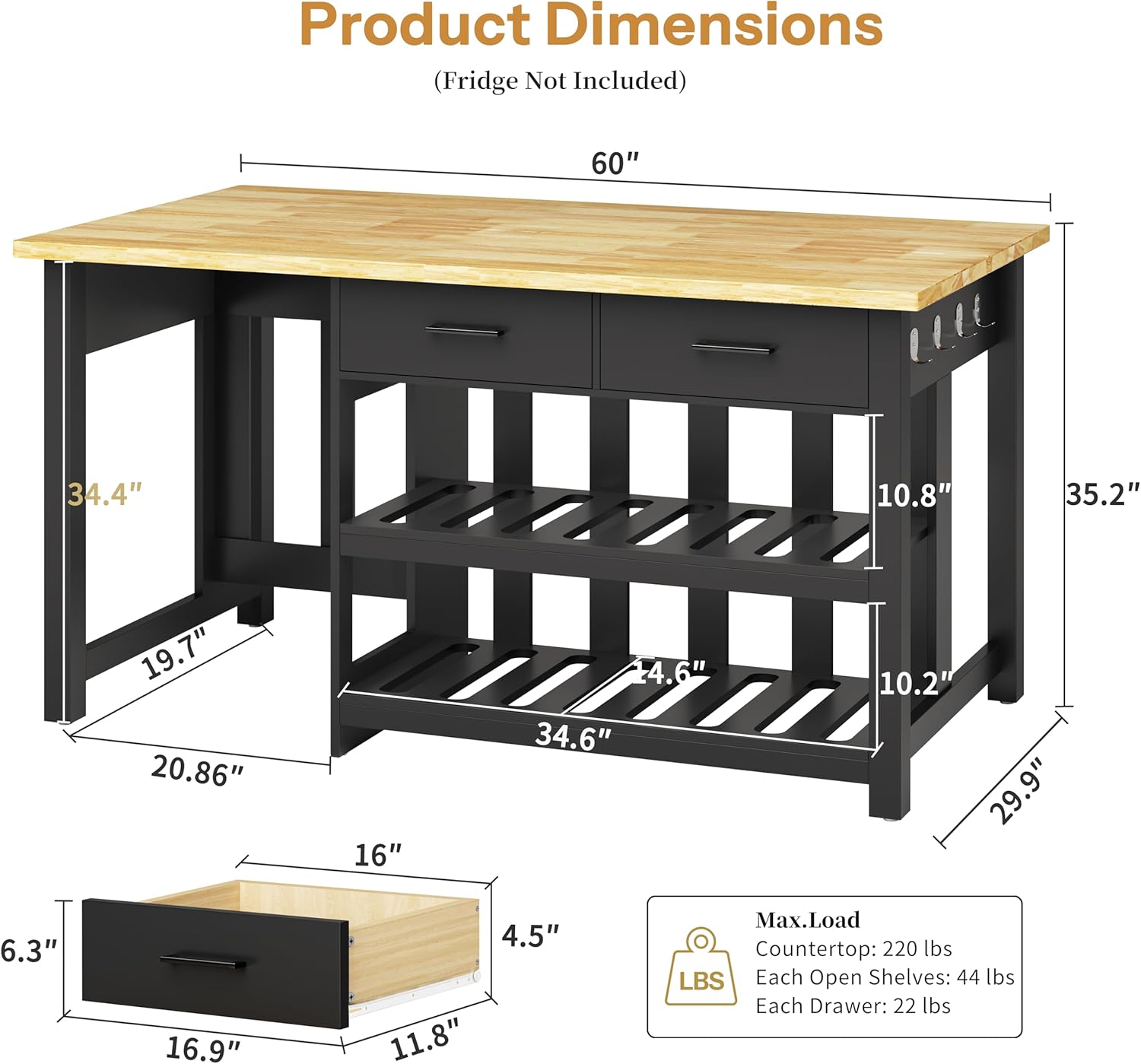 DynJest 60" Solid Rubberwood Kitchen Island with Storage & Leg Room, Black | Coffee Bar Buffet Cabinet w/ Fridge Space & Power Outlets, 2 Drawers & 6 Hooks, Large Countertop, for Home Office Dining Room
