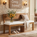 55" Solid Wood Entryway Bench Farmhouse Dining Bench with Backrest Long Window Bench with Cushion, Upholstered Storage Bench for Hallway Dining Room Bedroom, Sherpa White & Brown