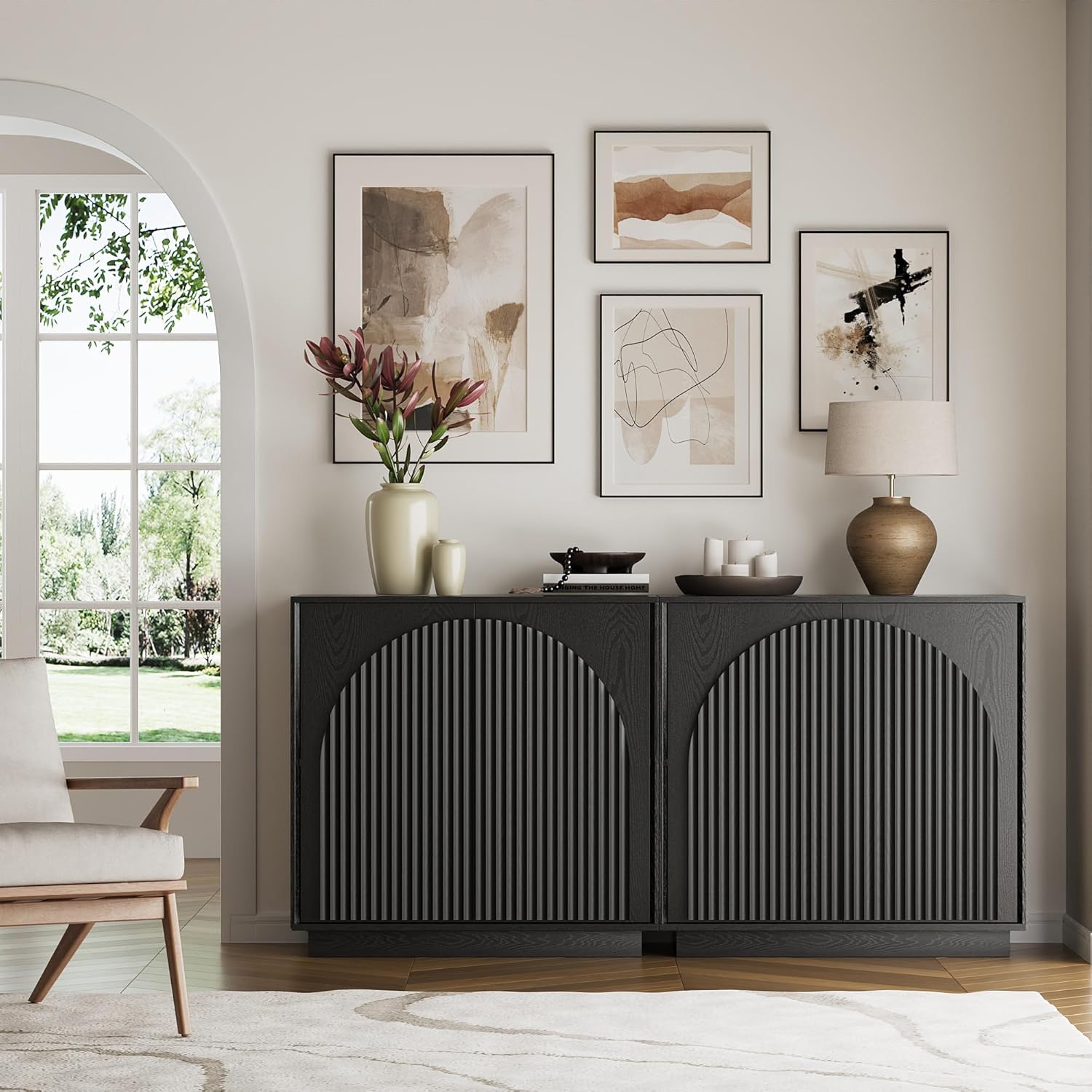 win2win Fluted Sideboard Buffet Cabinet with Storage, 31.5" Modern Accent Cabinet with Double-Layered Arch Doors, Small Wood Console Credenza for Living Room,Dining Room,Entryway,Hallway,Black,1PCS