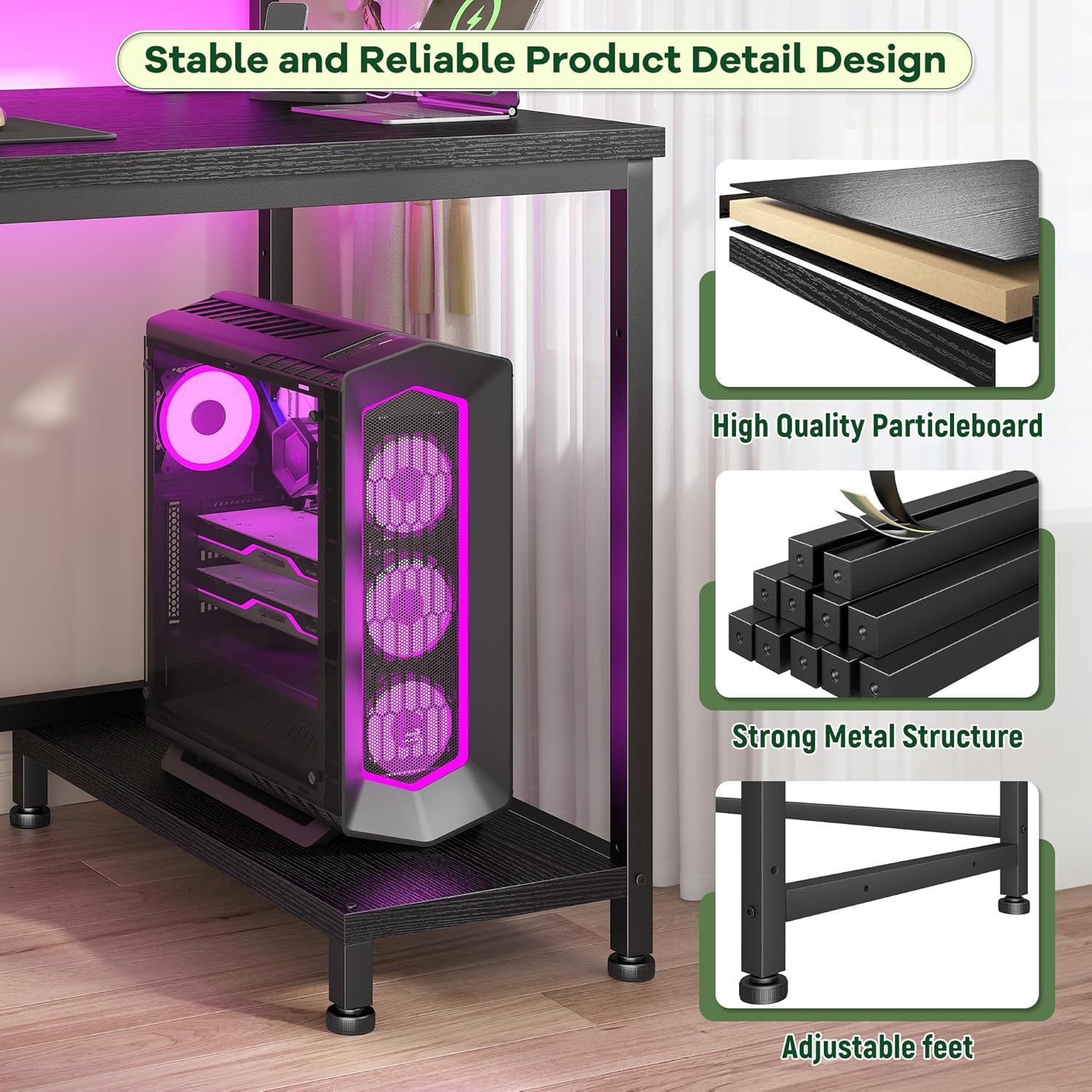 DurayLoly 39.3" Gaming Desk with Power Outlet and LED Lights,Computer Desk with Adjutable Monitor Stand and Drawer,Office Desk with CPU Stand for Home Work,Study and Gaming, Small Spaces,Black