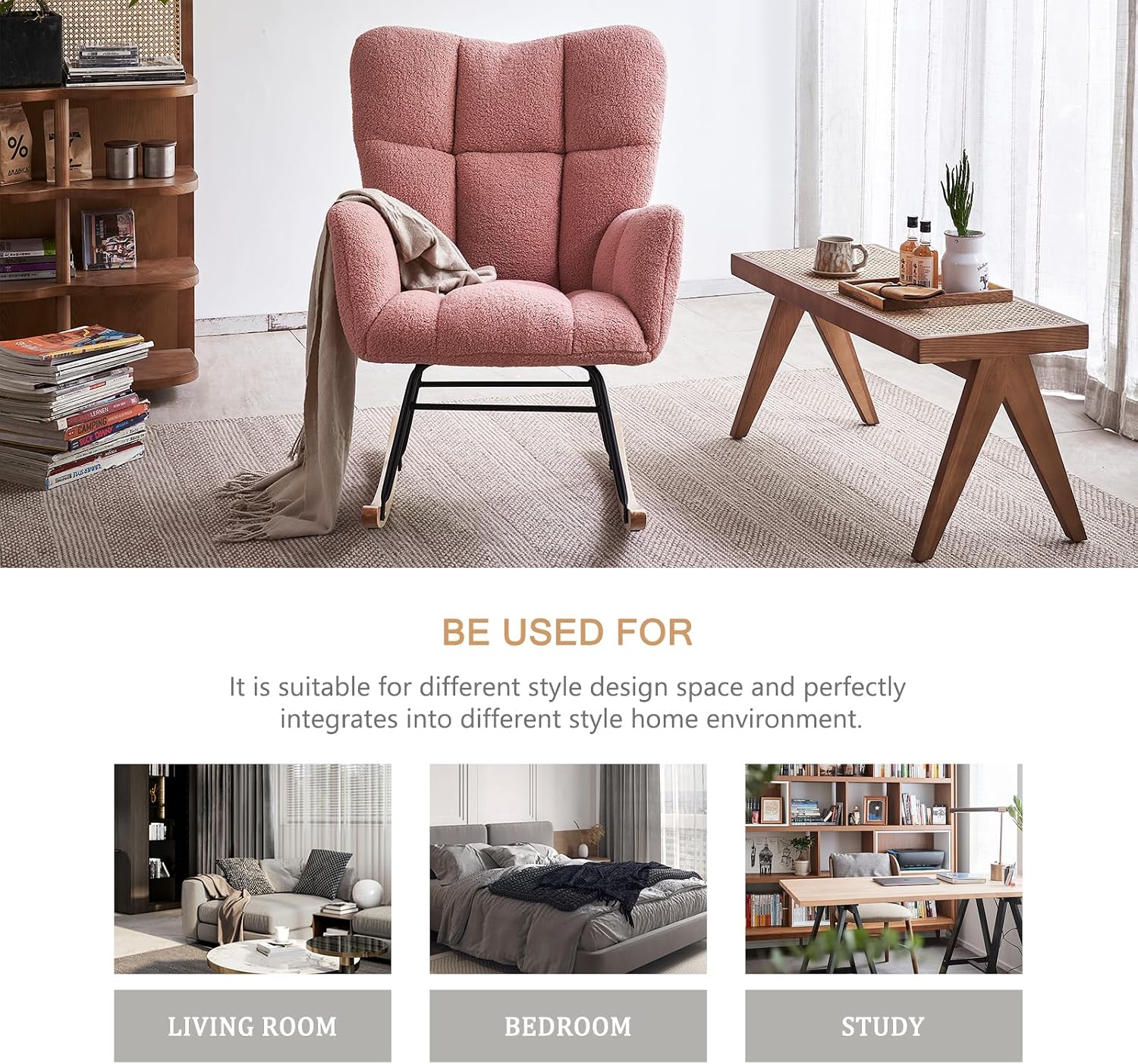 Rocking Chair Nursery, High Backrest Teddy Glider Rocker Upholstered Rocker Recliner Modern Rocking Accent Chairs for Bedroom, Living Room, Offices (Pink)