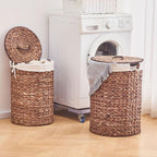 Round Water Hyacinth Laundry Hamper with Lid Handwoven Wicker Basket with Handles for Dirty Clothes, Storage, and Organization Ideal for Bedroom, Bathroom, and Laundry Room, No Assembly Required, 90L