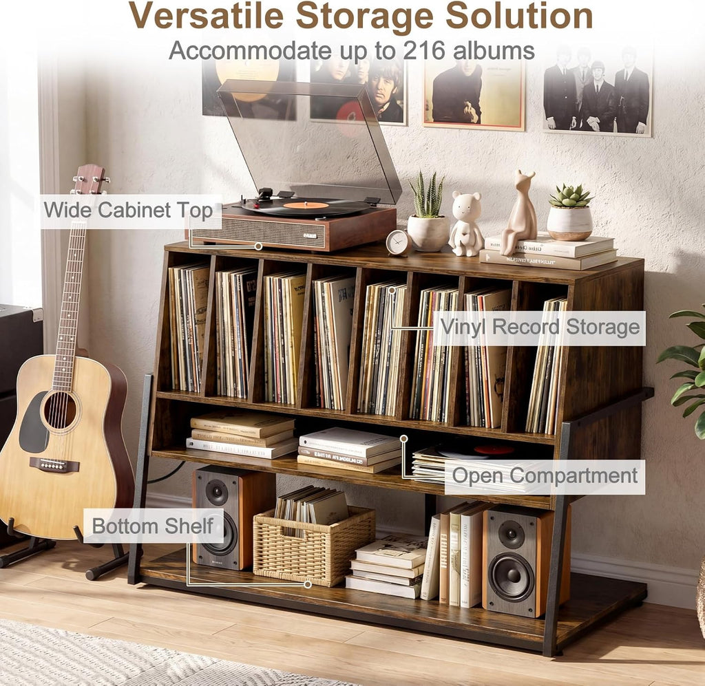 Giantex Large Record Player Stand with Charging Station, Turntable Stand with Storage Shelves & Wheels, Record Storage Table with Adjustable Foot Pads for Living Room, Music Room (Rustic Brown)