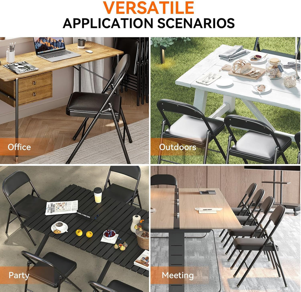 Fenbeli Padded Folding Chairs Set of 4 for Families, Holds 330 lb Each, Cushioned PU Leather Folding Dining Chairs with Double-Braced Steel Frame, Fold Flat for Game Night Holidays