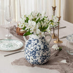 Blue and White Vintage Round Flower Vase with 2 Handles, Chinoiserie Floral Vase, Retro Ice Cracked Ceramic Large Vases for Home Decor, Living Room, Grand Millennial Chinoiserie Decor, 7.7 Inch