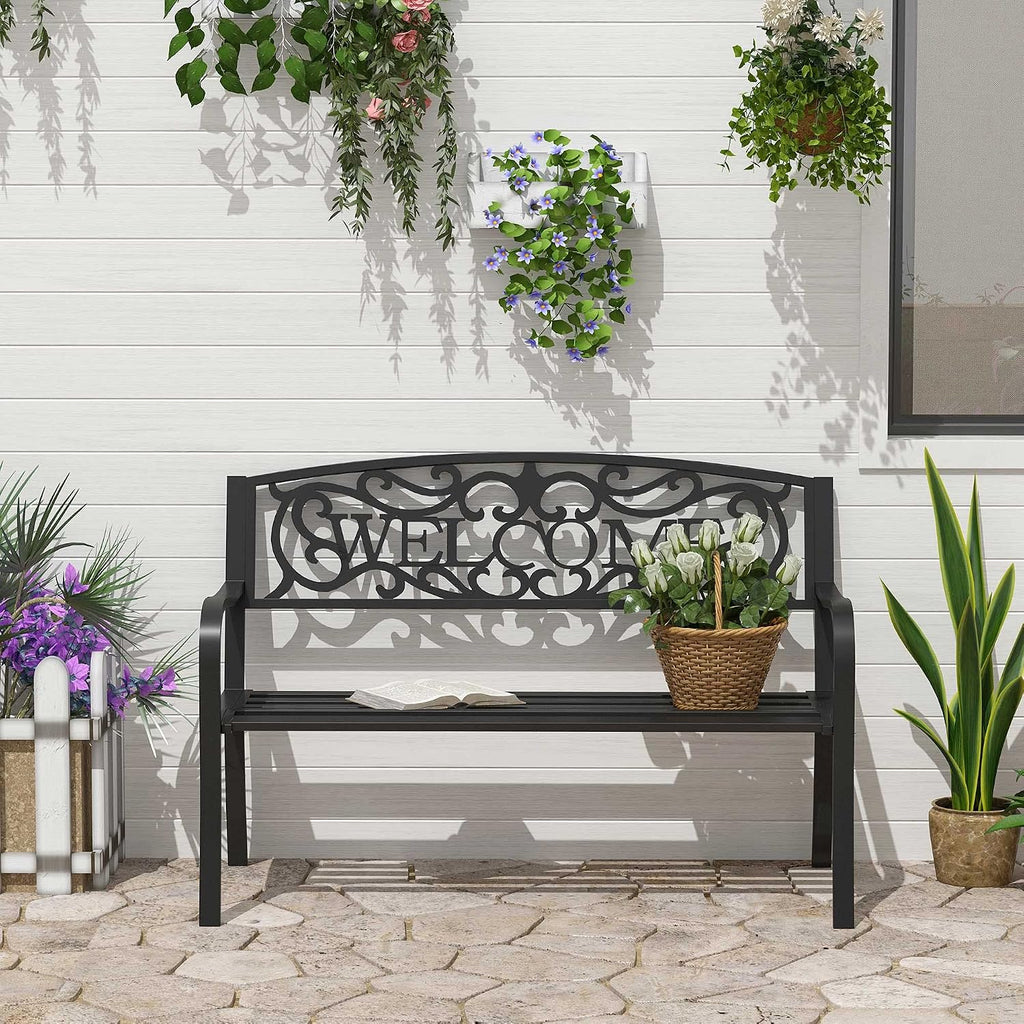 Garden Bench, 50 Inch 2-Person Outdoor Patio Loveseat with Cast Iron Welcome Vines, Decorative Park Bench for Backyard Porch Entryway Lawn Garden