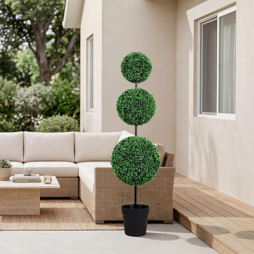 Artificial Boxwood Topiary Tree 4FT Triple Ball Faux Topiary Trees, Waterproof Fake Boxwood Plants Outdoor Indoor, All-Weather Potted for Porch Patio Garden Entryway Home Decor Set of 2