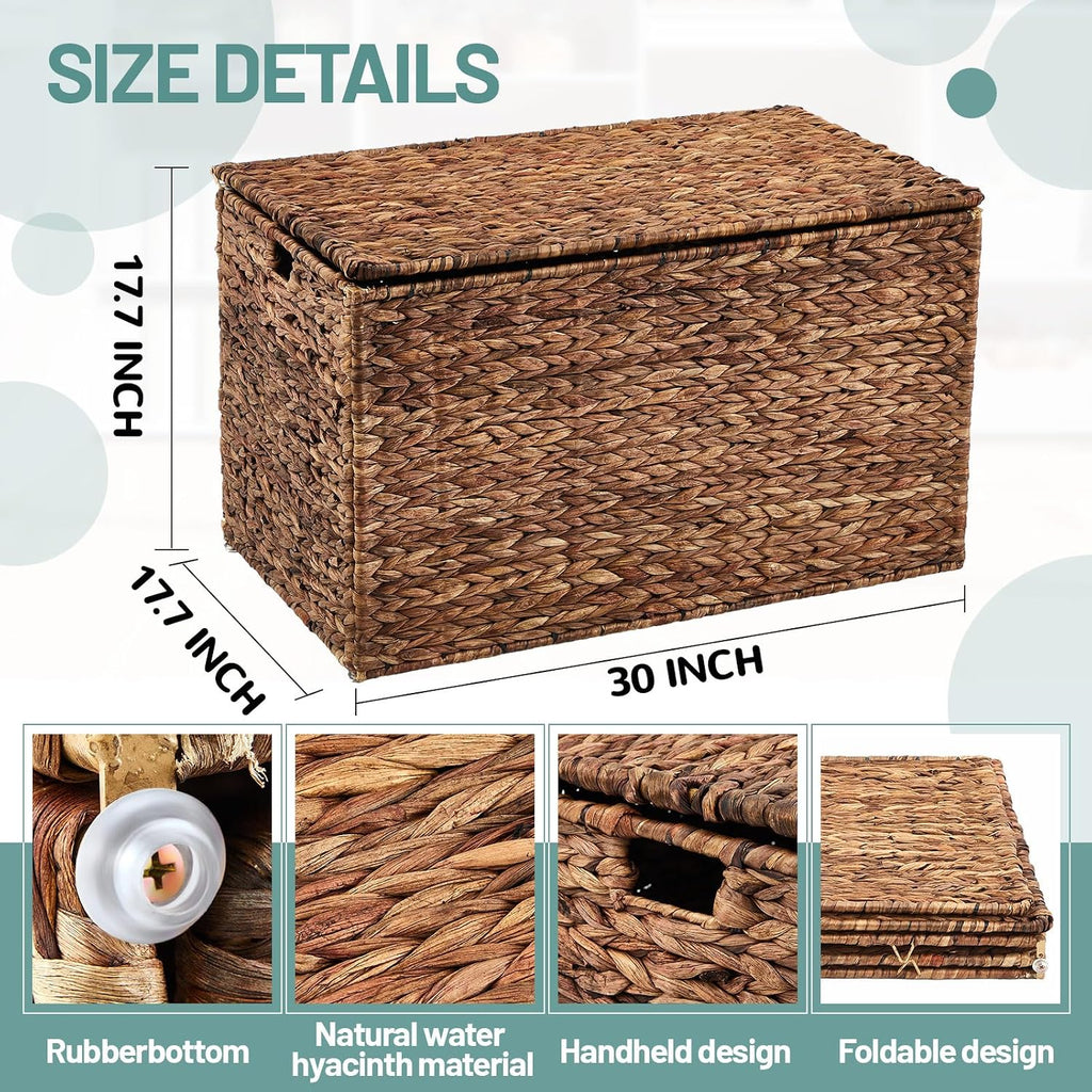 Wonderjune 30 x 17.7 x 17.7 Inch Water Hyacinth Wicker Storage Trunk with Metal Frame, Heavy Duty Storage Chest with Lid Large Rattan Basket for Blankets, Seasonal Clothes, Extra Bedding (Brown)