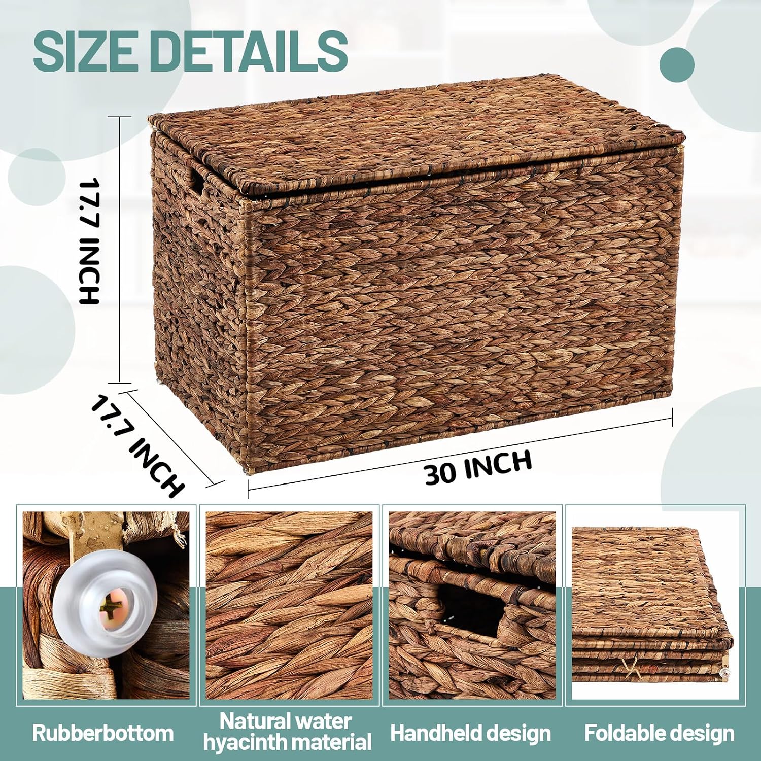 Wonderjune 30 x 17.7 x 17.7 Inch Water Hyacinth Wicker Storage Trunk with Metal Frame, Heavy Duty Storage Chest with Lid Large Rattan Basket for Blankets, Seasonal Clothes, Extra Bedding (Brown)