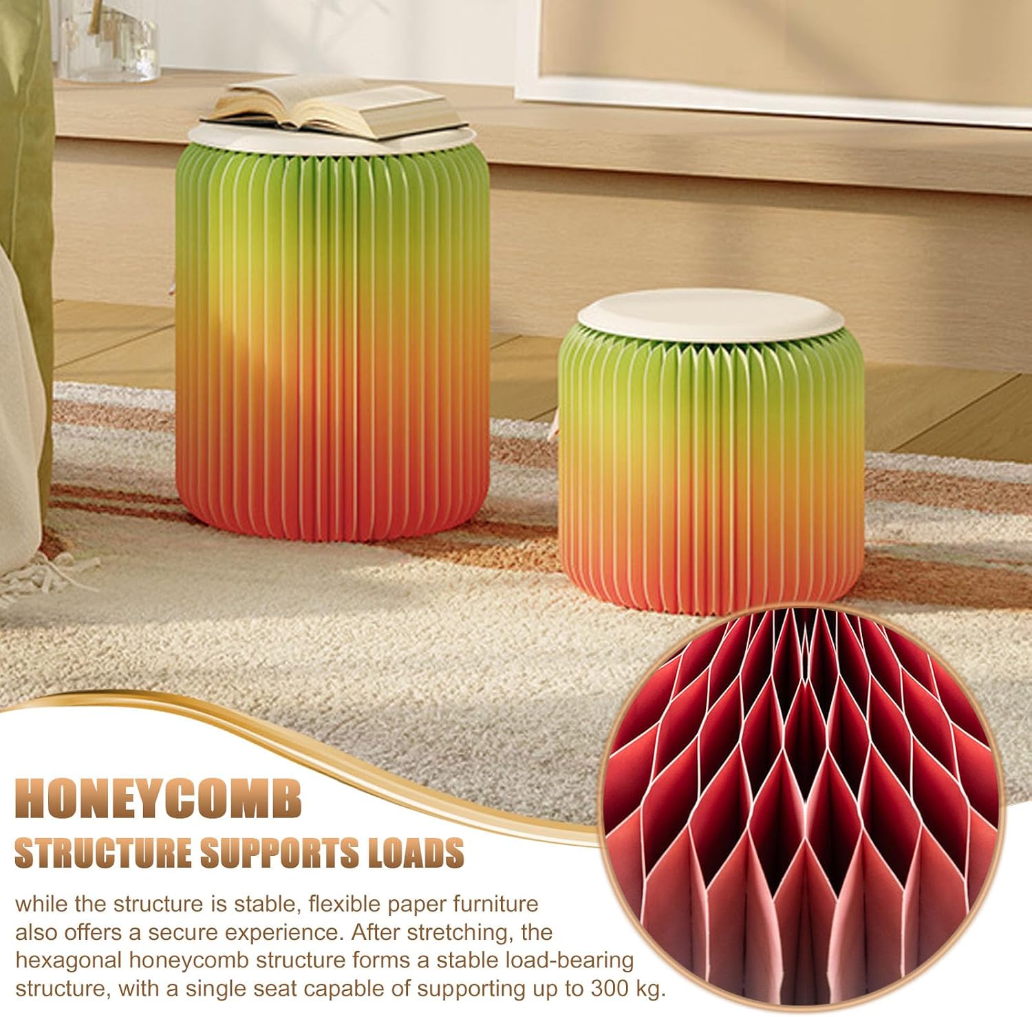 Portable Paper Folding Stool - Artistic Style Folding Paper Stool Sofa - Kraft Paper Honeycomb Structure Strong Load-Bearing Capacity - Shoe Bench, Side Table, Bedside Table,B,H:44CM/17IN