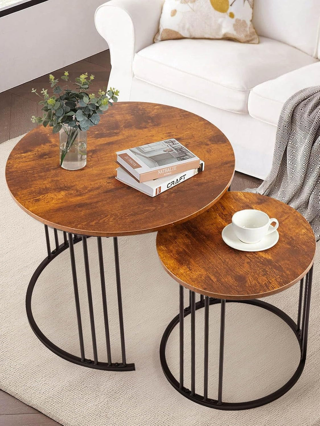 YORKING Nesting Coffee Table Set of 2, Round Table, Modern End Side Table Night Stand for Bedroom Dining Room (Brown)