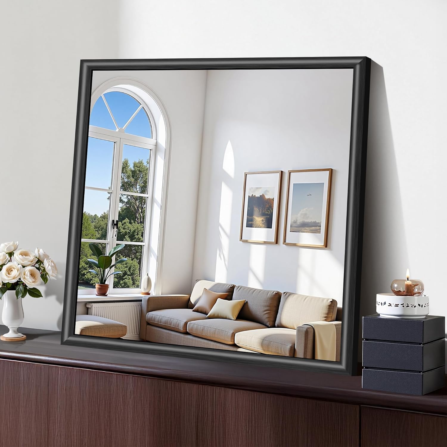 30x30 Square Black Mirror, Raised Metal Framed Bathroom Mirrors for Over Sink, Shatterproof Tempered Glass, Anti-Rust, Brushed Black Modern Vanity Mirrors for Bedroom, Living Room and Entryway