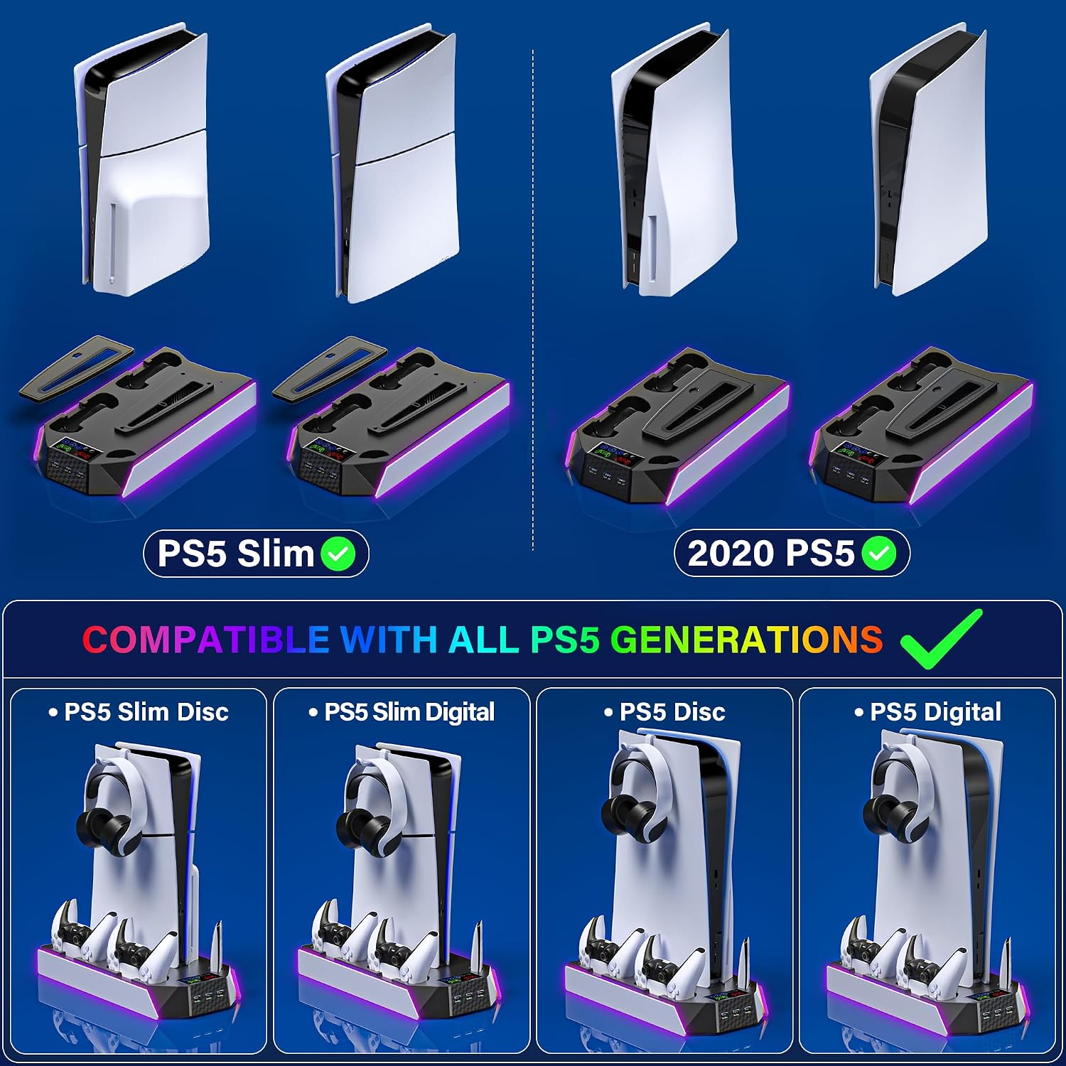 PS5 / PS5 Slim Cooling Station with Controller Charging Station - LED Light Cooling Stand for Playstation 5 Slim Disc/Digital Console, Accessories Incl RGB Light/Cooler Fan/3 USB Hubs/Headset Holder