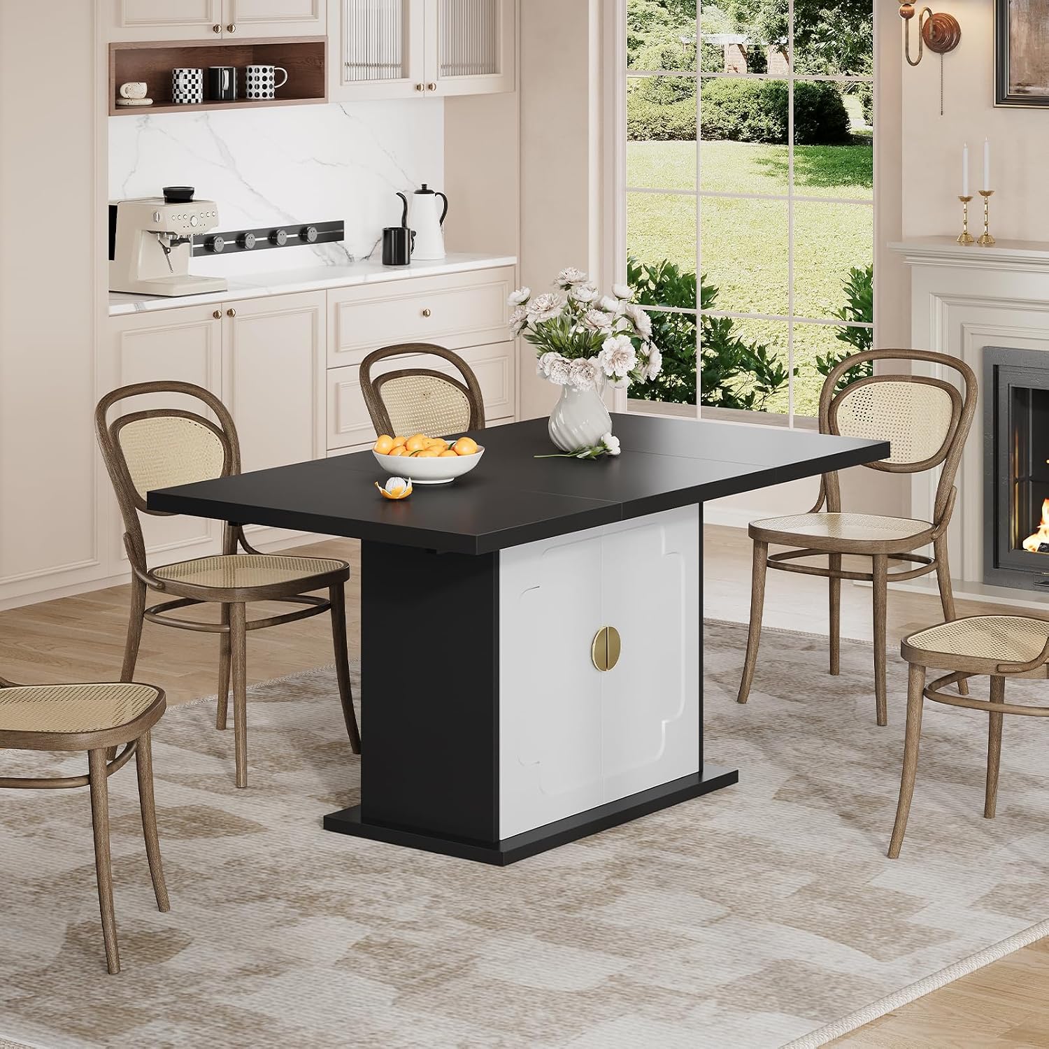 63 Inch Rectangular Dining Table with Hidden Storage, Modern Pedestal Dining Table for 4–6 People, Space-Saving Kitchen & Dining Room Table, MDF, Black