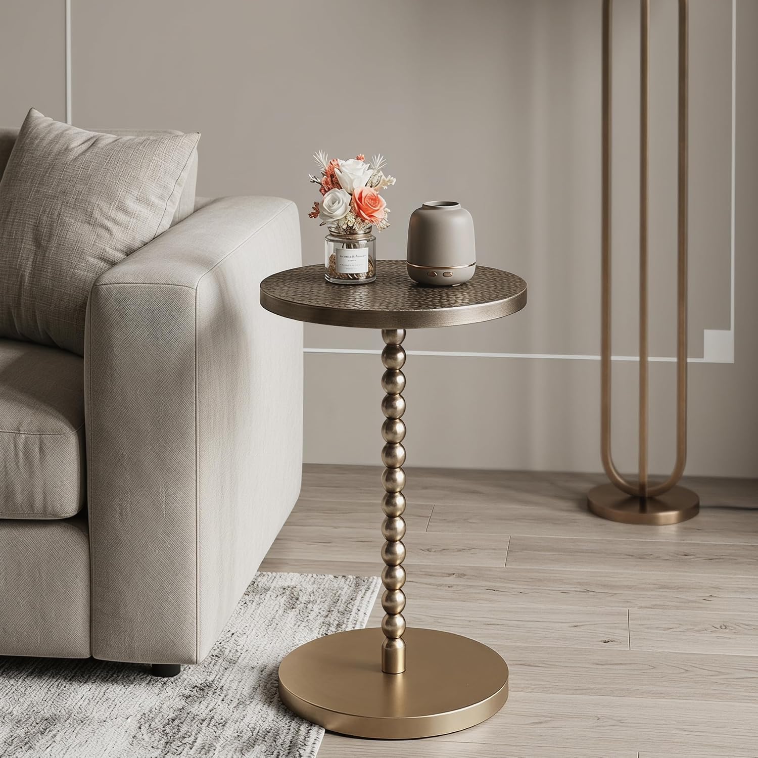 COVLON Drink Table, Small Round Pedestal Side Table, Martini Table for Small Spaces, Gold Accent End Table with Hammered Top, Plant Stand for Living Room, Bedroom, Bathroom, Easy Assembly
