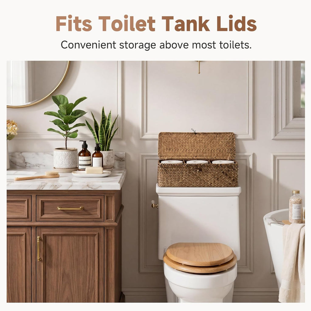 StorageWorks Toilet Paper Storage Basket with Lid, Large Wicker Baskets with 3 Compartments, Seagrass Back of Toilet Basket for Tank Topper, Shelves Organizer, 16½"x 5½"x 5½, 1-Pack