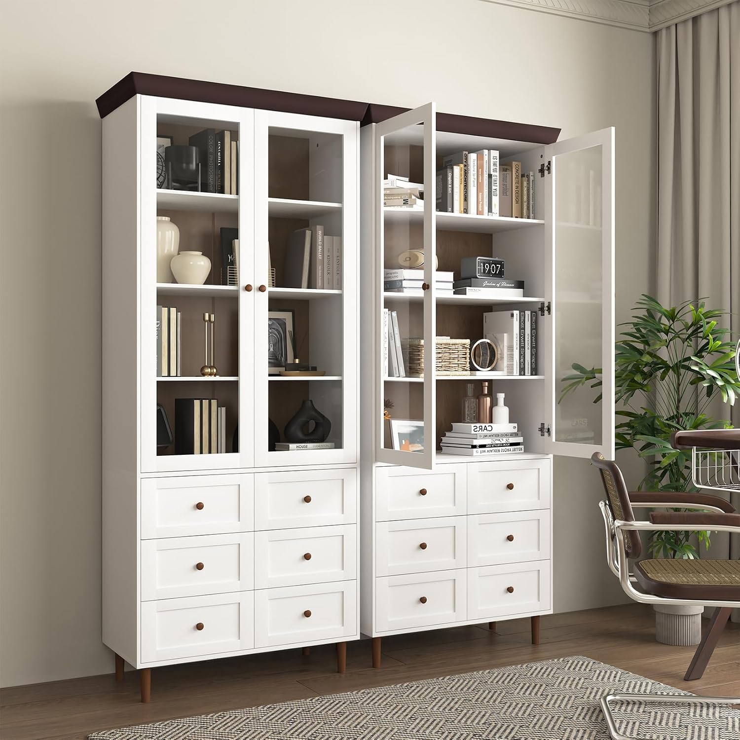 78.7'' Tall Kitchen Pantry Cabinet, Wooden Display Cabinet with 6 Drawer, 2 Glass Doors and 3 Adjustable Shelves, Freestanding Pantry Storage Cupboard for Dining Room and Kitchen, White