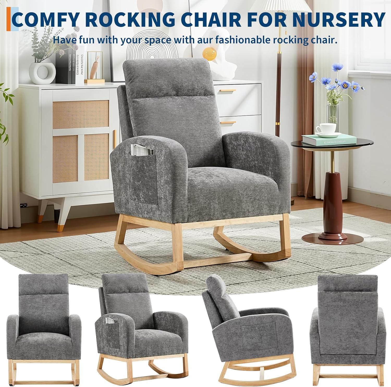 Rocking Chair Nursery, Modern Upholstered Glider Rocker Side Pocket, High Backrest Padded Seat Accent Armchair for Living Room, Nursery, Bedroom