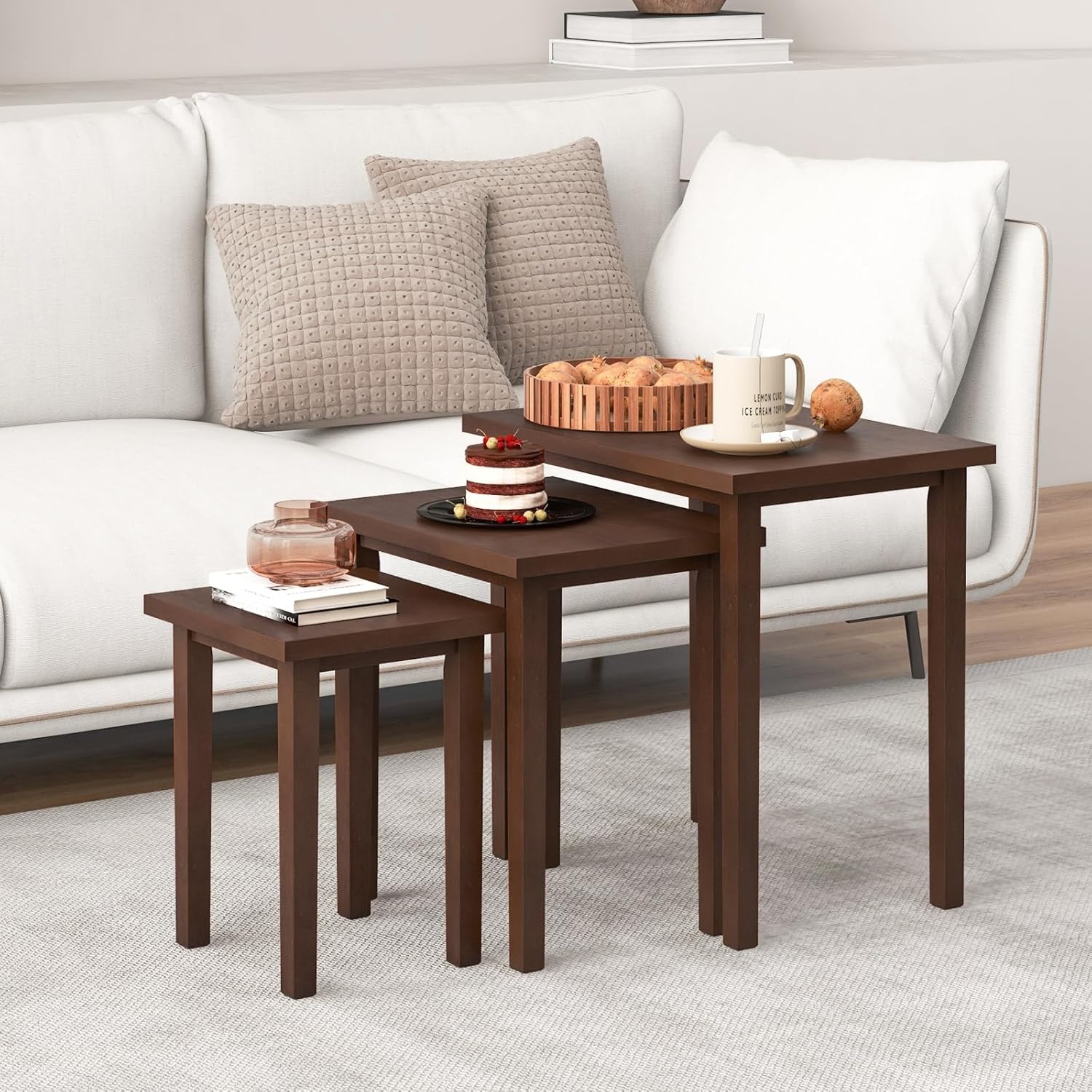 Giantex Nesting Tables Set of 3, Farmhouse Stacking Side Table with Rubber Legs, Wooden Rectangle Accent End Table, Nesting Coffee Tables for Living Room Bedroom (Walnut)