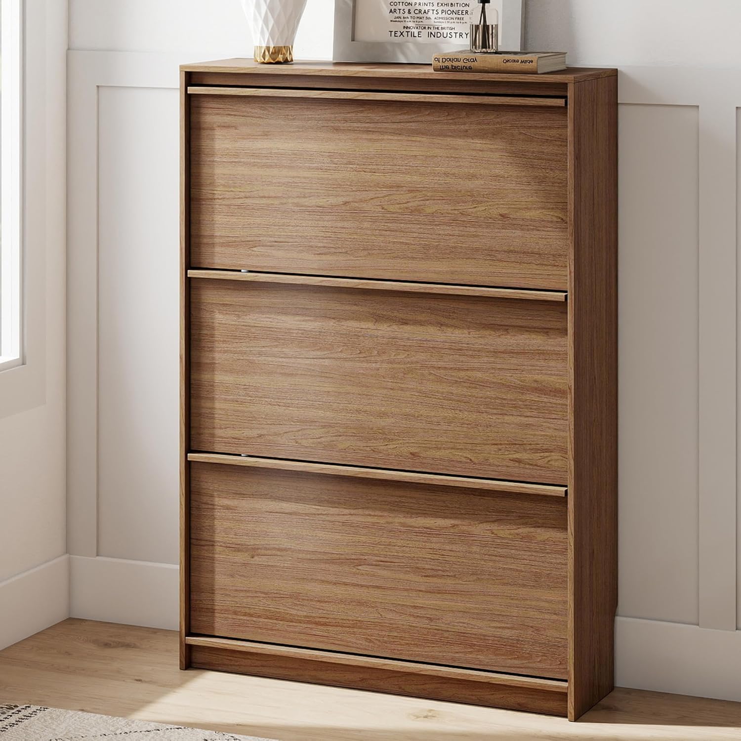 Shoe Cabinet with 3 Flip Drawers, 31.5" W Narrow Shoe Storage Cabinet for Entryway, Slim Shoe Organizer with Adjustable Shelves, Freestanding Shoe Rack for Hallway, Living Room, Walnut